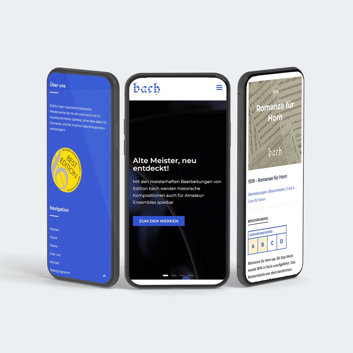 Darstellung von verschieden Screens der neuen Edition bach Website auf einem iPhone