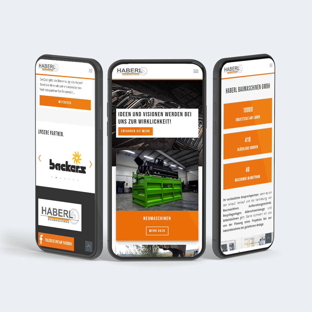 Darstellung unterschiedlicher Seiten von Haberl Baumaschinen auf einem iPhone