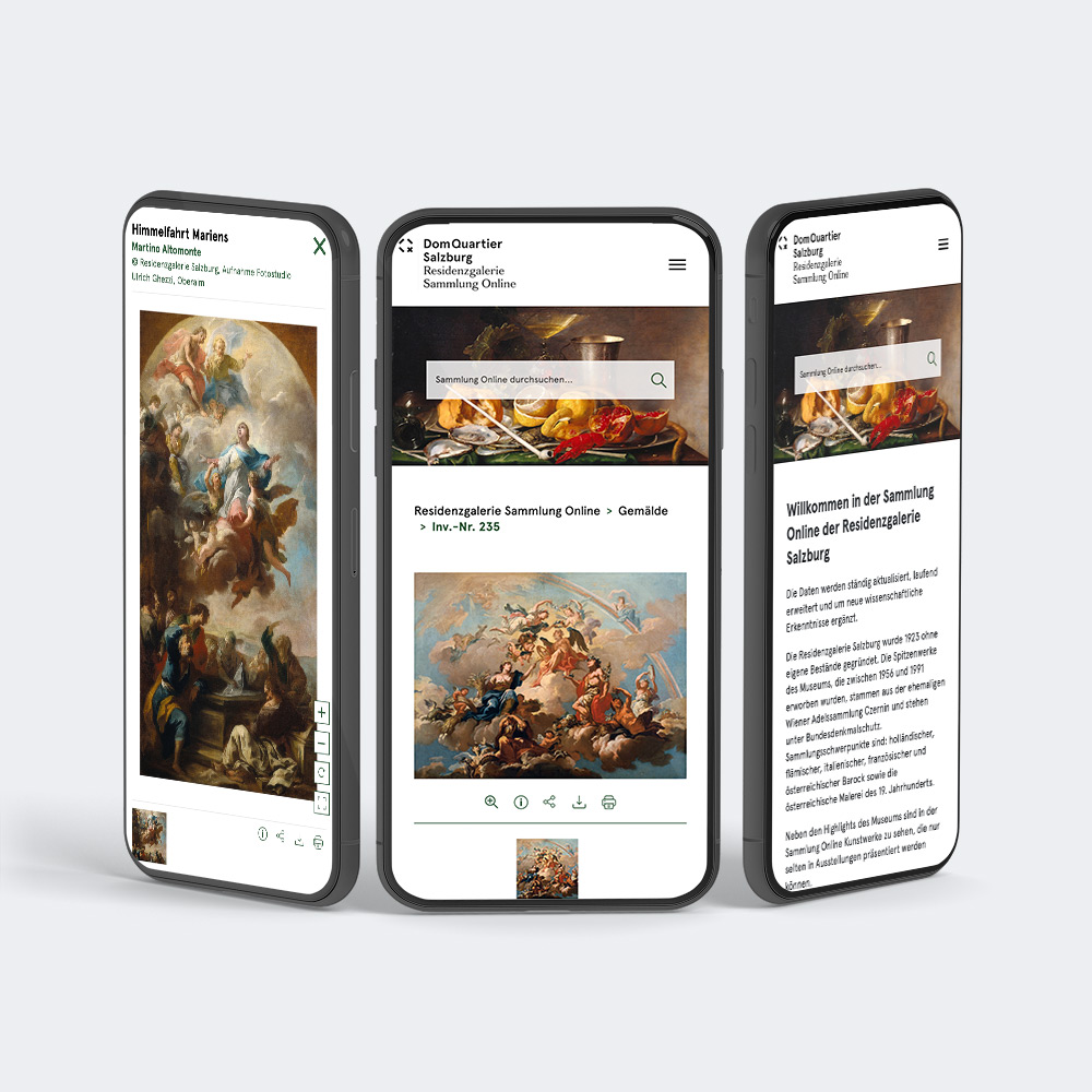Darstellung verschiedener Screens der Sammlung Online der Residenzgalerie Salzburg auf einem iPhone